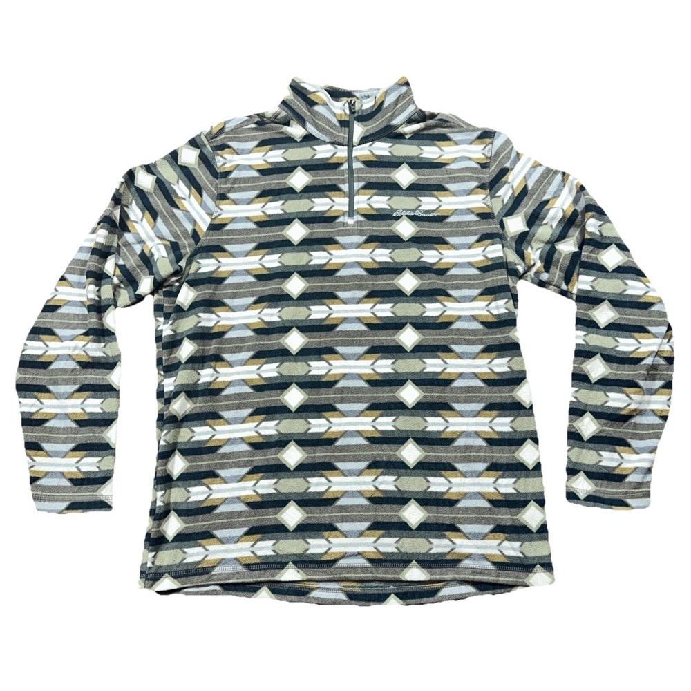 Eddie Bauer Quest Mens Size L 1/4 Zip Mock Neck Pull Over Fleece Aztec AOP